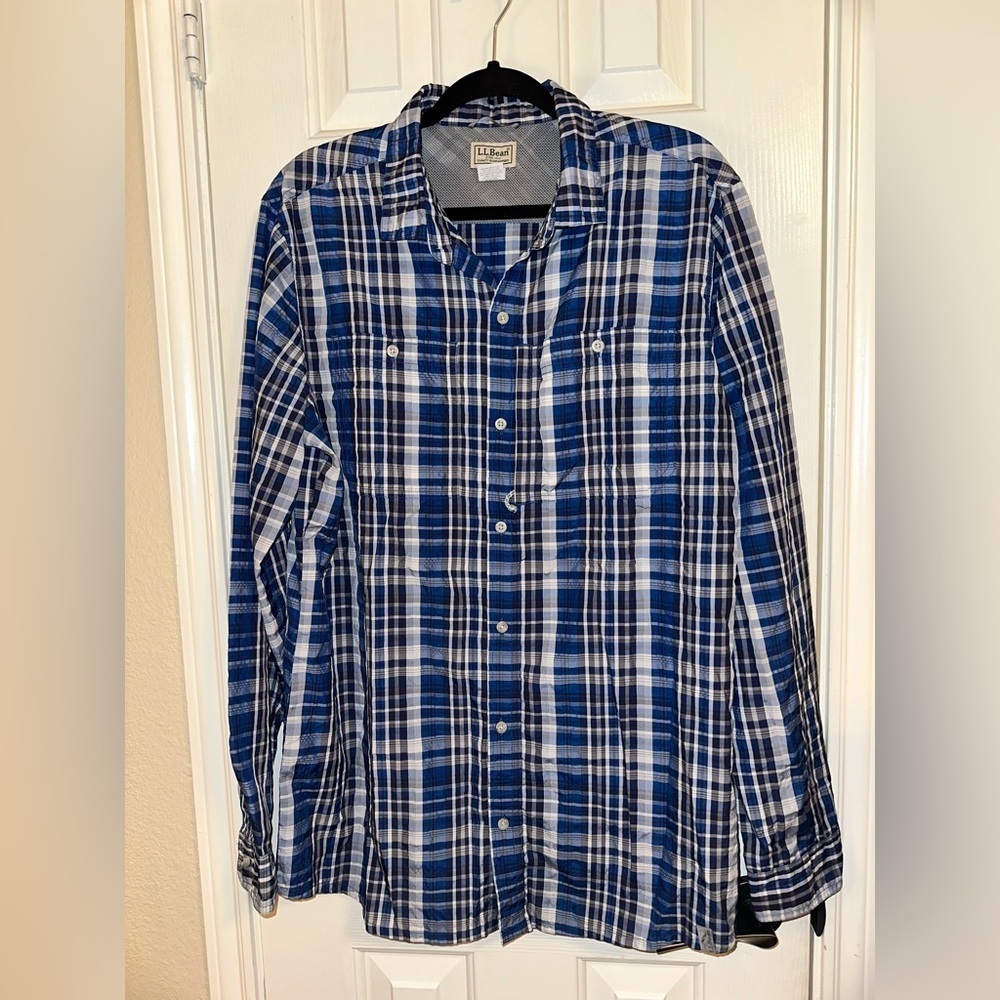L.L. Bean Cool Weave Performance Shirt Men’s L Tall Blue White Plaid Long Sleeve